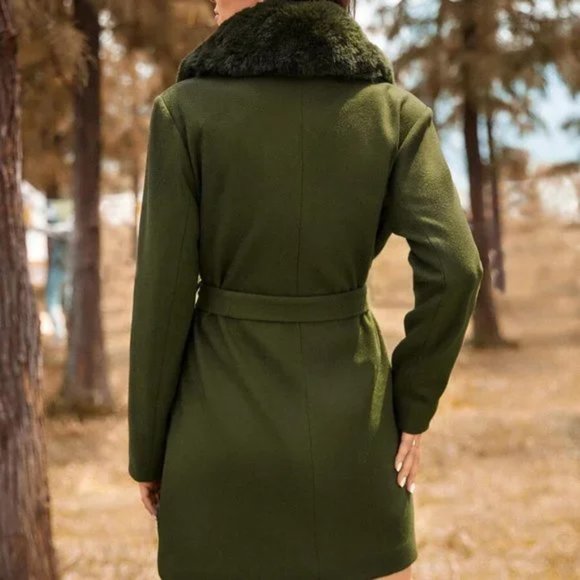 Faux fur collar Belted Overcoat Jacket Coat - Picture 5 of 6